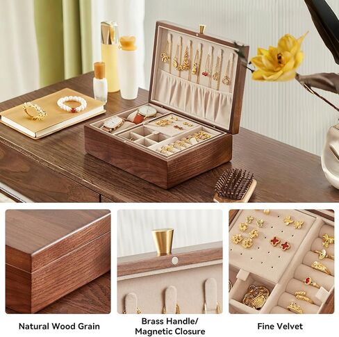 CHOSIN Black Walnut Wooden Jewelry Box for Women 2 Layer Jewelry Organizer with Removable Tray for Watches Rings Earrings Necklace Bracelets Christmas Gifts in Kuwait