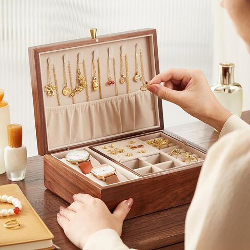 CHOSIN Black Walnut Wooden Jewelry Box for Women 2 Layer Jewelry Organizer with Removable Tray for Watches Rings Earrings Necklace Bracelets Christmas Gifts in Kuwait