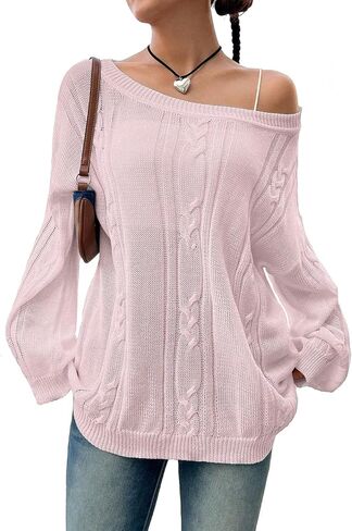 SKAYS Oversized Fall Sweaters for Women, Oversized Cable Knit Sweater Off Shoulder, Solid Color Crew Neck Sweater in Saudi Arabia