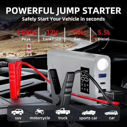 IDEAPLAY Jump Starter, 1500A Car Battery Jump Starter Portable for Up to 7.0L Gas and 5.5L Diesel Engine,Type C Fast Charging Battery Jumper with LED Flashlight in Saudi Arabia