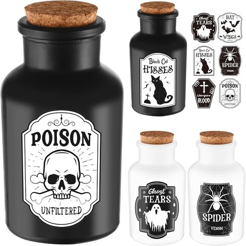 ديكور داخلي لزجاجات جرعات الهالوين: 4 زجاجات جرعات و6 قطع من ملصقات ملصقات الصيدلة لديكورات الهالوين - للصينية المتدرجة في الداخل، والطاولة، وديكور المنزل الساحر (أسود وأبيض) in Kuwait