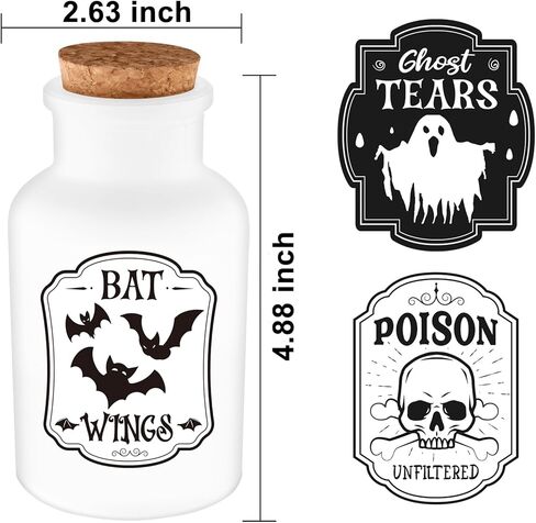 ديكور داخلي لزجاجات جرعات الهالوين: 4 زجاجات جرعات و6 قطع من ملصقات ملصقات الصيدلة لديكورات الهالوين - للصينية المتدرجة في الداخل، والطاولة، وديكور المنزل الساحر (أسود وأبيض) in Kuwait