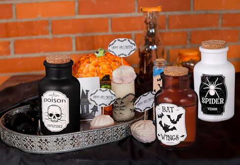 ديكور داخلي لزجاجات جرعات الهالوين: 4 زجاجات جرعات و6 قطع من ملصقات ملصقات الصيدلة لديكورات الهالوين - للصينية المتدرجة في الداخل، والطاولة، وديكور المنزل الساحر (أسود وأبيض) in Kuwait