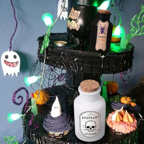 ديكور داخلي لزجاجات جرعات الهالوين: 4 زجاجات جرعات و6 قطع من ملصقات ملصقات الصيدلة لديكورات الهالوين - للصينية المتدرجة في الداخل، والطاولة، وديكور المنزل الساحر (أسود وأبيض) in Kuwait