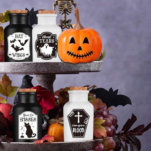 ديكور داخلي لزجاجات جرعات الهالوين: 4 زجاجات جرعات و6 قطع من ملصقات ملصقات الصيدلة لديكورات الهالوين - للصينية المتدرجة في الداخل، والطاولة، وديكور المنزل الساحر (أسود وأبيض) in Kuwait