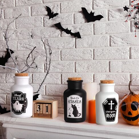 ديكور داخلي لزجاجات جرعات الهالوين: 4 زجاجات جرعات و6 قطع من ملصقات ملصقات الصيدلة لديكورات الهالوين - للصينية المتدرجة في الداخل، والطاولة، وديكور المنزل الساحر (أسود وأبيض) in Kuwait