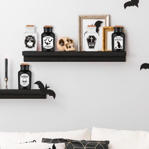 ديكور داخلي لزجاجات جرعات الهالوين: 4 زجاجات جرعات و6 قطع من ملصقات ملصقات الصيدلة لديكورات الهالوين - للصينية المتدرجة في الداخل، والطاولة، وديكور المنزل الساحر (أسود وأبيض) in Kuwait