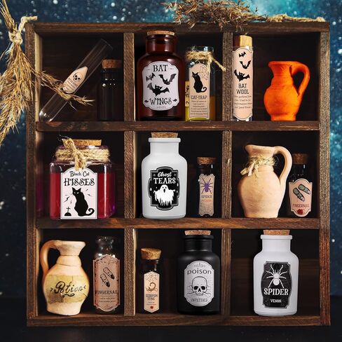 ديكور داخلي لزجاجات جرعات الهالوين: 4 زجاجات جرعات و6 قطع من ملصقات ملصقات الصيدلة لديكورات الهالوين - للصينية المتدرجة في الداخل، والطاولة، وديكور المنزل الساحر (أسود وأبيض) in Kuwait