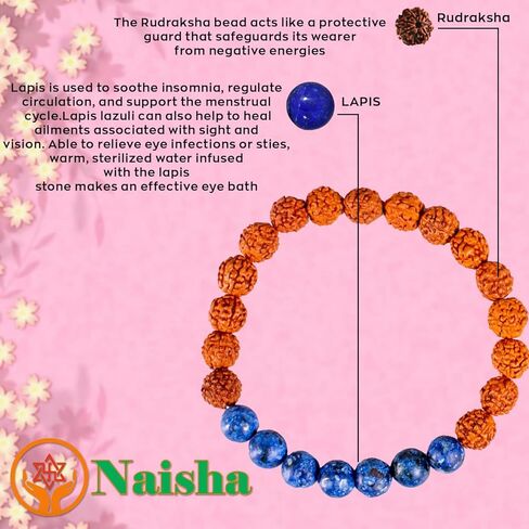 NAISHA اللازورد وRudraksha Kundalini Energy تمتد المعصم مالا / سوار (عبوة من 2) | خرز أحجار كريمة طبيعية أصلية 7.5 مم | رجال/نساء | حجم مجاني in Kuwait