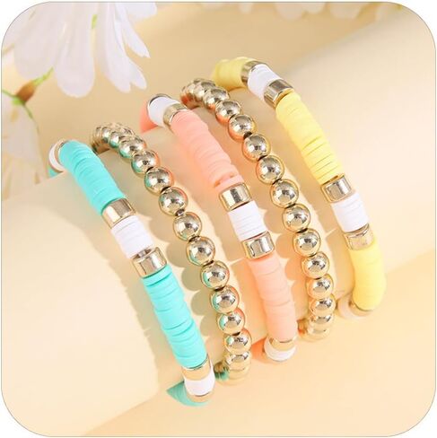 Clay Bead Bracelet Heishi Bracelet Set, Colorful Preppy Smile Evil Eye Beaded Stretch Bracelets Stackable Boho Disc Party Gifts Y2K Kidcore Aesthetic Summer Beach Bohemian Layering Bracelet for Women in Kuwait