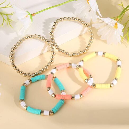 Clay Bead Bracelet Heishi Bracelet Set, Colorful Preppy Smile Evil Eye Beaded Stretch Bracelets Stackable Boho Disc Party Gifts Y2K Kidcore Aesthetic Summer Beach Bohemian Layering Bracelet for Women in Kuwait