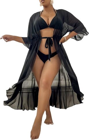 MakeMeChic Women's Plus Size Kimono Cover Up Bell Sleeve Tie Front Sheer Beach Swimsuit Cover Up Black 2XL in Saudi Arabia