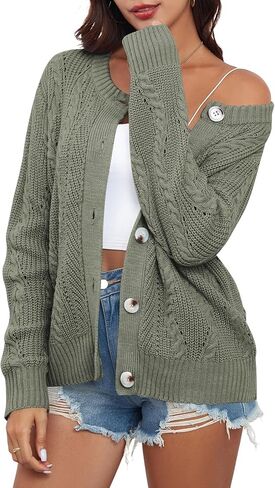 ZAFUL Womens Cable Knit Cardigan Button Down Crew Neck Sweater Loose Long Sleeve Open Front Jacket Outwear in Saudi Arabia