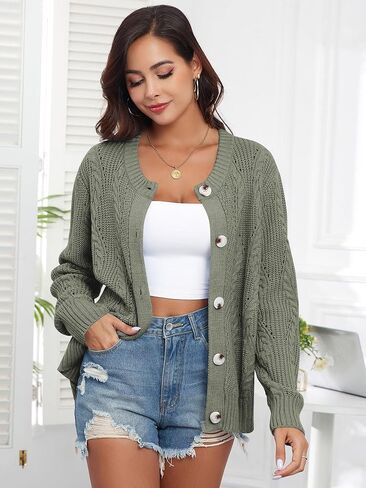 ZAFUL Womens Cable Knit Cardigan Button Down Crew Neck Sweater Loose Long Sleeve Open Front Jacket Outwear in Saudi Arabia