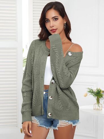 ZAFUL Womens Cable Knit Cardigan Button Down Crew Neck Sweater Loose Long Sleeve Open Front Jacket Outwear in Saudi Arabia