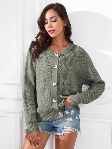 ZAFUL Womens Cable Knit Cardigan Button Down Crew Neck Sweater Loose Long Sleeve Open Front Jacket Outwear in Saudi Arabia