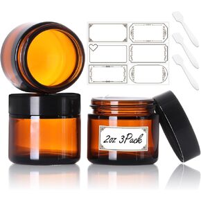3 Pack 4 oz Amber Glass Jars with lids, Cosmetic Jars with Inner Liners and Black Lids, Lotion Jars, Candle Making Jars for Lotions, Scrubs and Cosmetic, Lables and Spatulas Include