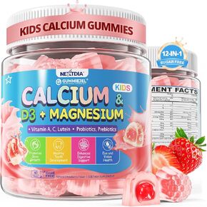 Kids Calcium Gummies + D3 & Magnesium for 4+, with Calcium Citrate Calcium Gluconate, Calcium Lactate, Probioics & Prebiotics for Children Bone Growth, Muscle Support,Digestive Health,Sugar Free 60Cts