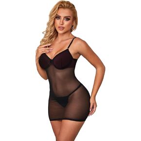 ohyeahlady Womens Babydoll Lingerie Chemise Strappy Plus Size Exotic Nightgowns Sexy Mesh Sheer Nightwear Teddy Dress