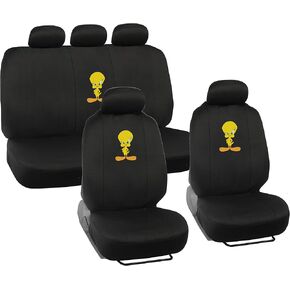 BDK Warner Brothers Looney Tunes Tweety Bird Front & Rear Car Seat Covers Full Set - Easy to Install Durable & Stylish Polyester Fabric Car Seat Cover - Airbag Compatible Universal Fit Car Accessories