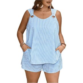 OYOANGLE Women's Plus Size 2 Piece Outfits Striped Tank Top and Shorts Matching Lounge Set