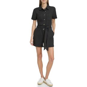 Andrew Marc Womens Short Sleeve Button Front Stretch Knit Utility Romper