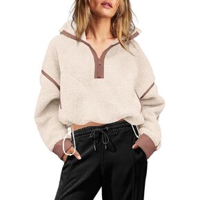 Yanekop Womens 1/2 Zip Up Sherpa Pullover Fuzzy Fleece Sweatshirt Fluffy Lapel Outerwear with Pockets(Apricot Beige,S) in Kuwait
