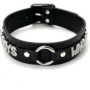 Women's Punk Black O-Ring Leather Choker Necklace, Adjustable PU Leather Leash Collar With Rhinestone Letterrs Gothic Jewelry for Women