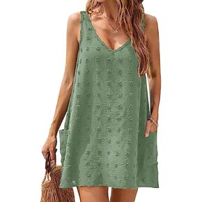 Womens Tank Dress Summer Beach Cover Up with Pocket Casual Sun Dresses Polka Dot Swimsuit Coverups