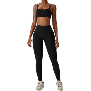 Yoga Set For Women 2 Piece High Waist Leggins With Bra Gym Clothes Workout Outfit, Black, Sizes : S, M, L, Small