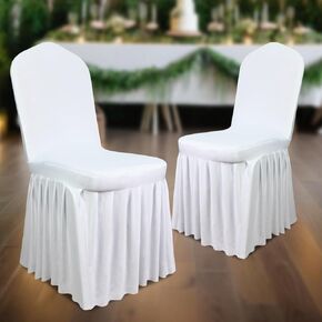 2 Pack White Chair Covers with Skirt|Super Fit Spandex Chair Seat Protector|Chair Covers Wedding| for Dining Room, Hotel, Ceremony for Wedding, Banquet, and Part