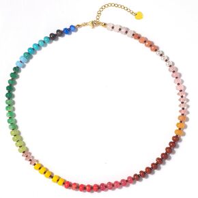 Beaded Gemstone Necklace for Women Girls, Colorful Charm Boho Bead Necklace Statement Choker Necklace Rainbow Surfer Beach Necklace 18K Gold Plated Summer Handmade Necklaces Jewelry Gifts