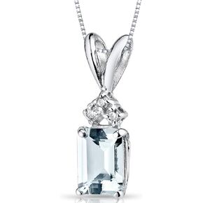 PEORA Solid 14K White Gold Aquamarine with Diamond Pendant for Women, Genuine Gemstone Solitaire, Emerald Cut, 7x5mm, Blue Aquamarine Necklace, March Birthstone Necklace, w/Jewelry Box