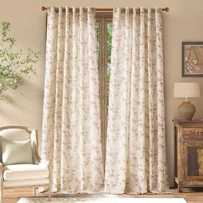 jinchan Linen Curtains Floral Curtains for Living Room 96 Inch Length Taupe Printed Curtains Back Tab French Country Farmhouse Flower Patterned Drapes Bedroom Window Curtain Set 2 Panels