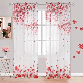 Valentine's Day Sheer Curtains for Living Room 84 Inch Length 2 Panels Set, Red Pink Falling Love-Tree Window Curtain Rod Pocket Semi Transparent Voile Window Treatment for Bedroom Dining Room