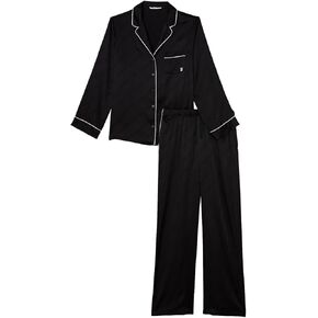 Victoria's Secret Satin Pajama Set, Long Sleeve Button Down & Pant Set, Sleepwear for Women, Black (L)