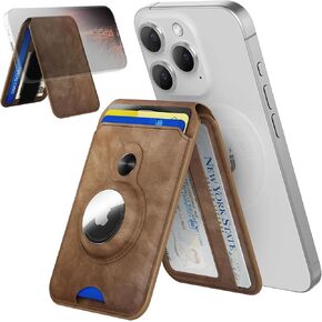 Magnetic Wallet for iphone,Magsafe Wallet Stand with Airtag Holder,Adjustable Stand for iPhone 15/14/13/12, 3 Card Holder, Cash Band,Vegan Leather, RFID Blocking (PLUS, Black)