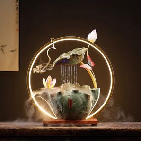 Ceramic Water Fountains Indoor Waterfall with LED，Ceramic Lotus Sculpture with Mist Tabletop Fountain Statue, Indoor Rain Curtain Waterfall Water Feature，Chinese Style Decorations