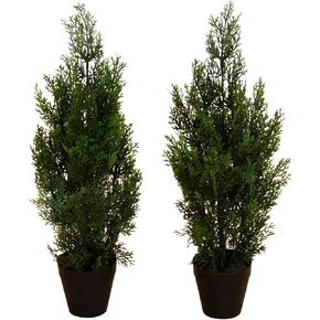 Nearly Natural 2ft UV Resistant Artificial Cedar Pine Tree - Indoor/Outdoor Faux Greenery Decor, Set of 2, Deep Green Cedar Leaves, No Maintenance Required, Ideal for Home, Garden, Office