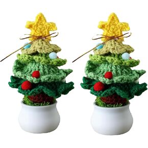 Christmas Tree Mini Knitted Potted Plant Handmade Crochet Christmas Tree Craft Knitting Christmas Decoration Christmas Tree Ornaments for Xmas Festival Home Decor (2, Light Green)