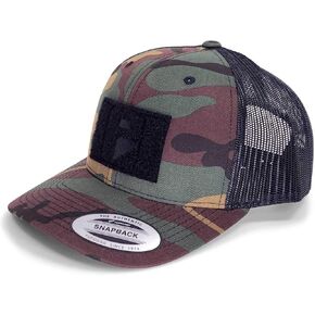Tactical Hat | Authentic Snapback Camo Trucker Curved Bill Cap | 2x3 inch Hook & Loop Surface to Attach Morale Patches | (Vintage Camo and Black)
