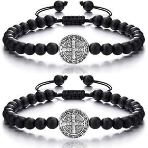 Catholic Bracelet Saint Benedict, 2 PCS Medal Bracelet Adjustable String Bracelets Religious Gifts for Men Women Gifts