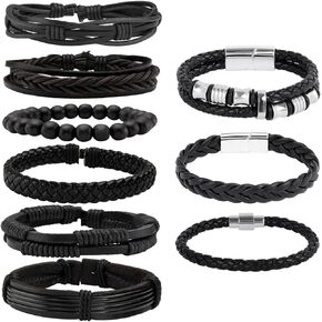 MILAKOO Black Leather Bracelets for Men Braided PU Wristband Multi-layered Faux Leather Cuff Bangle for Women Clasp Armband Punk Gothic Style Unisex Bracelets String Buckle Adjustable Size Bracelet