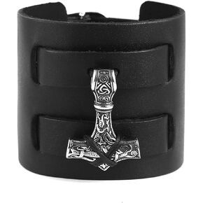 HAQUIL Viking Bracelet for Men, Viking Mjolnir Pendant, Nordic Wide Leather Wristband, Viking Jewelry Men
