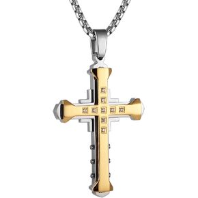 HZMAN Religion Men's Large Byzantium Stainless Steel Cubic Zirconia Cross Necklace Pendant 22 + 2 Inch Chain