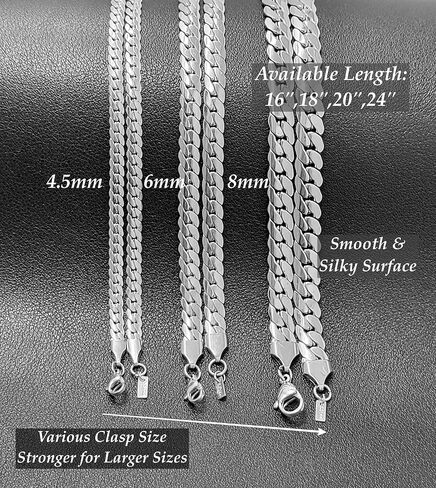 316L Stainless Steel Miami Cuban Chain Flat 4.5mm, 6mm, 8mm 16"/ 18"/ 20"/ 24" Necklace. in Kuwait