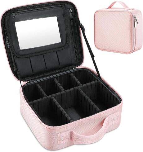 Pink Makeup Bag with Mirror, Makeup Bags for Women, Travel Makeup Train Case, Makeup Organizer Bag, Adjustable Dividers & Support Straps, Portable Storage Bag for Makeup Brushes Toiletry in Saudi Arabia