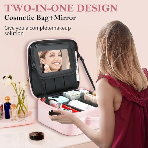 Pink Makeup Bag with Mirror, Makeup Bags for Women, Travel Makeup Train Case, Makeup Organizer Bag, Adjustable Dividers & Support Straps, Portable Storage Bag for Makeup Brushes Toiletry in Saudi Arabia