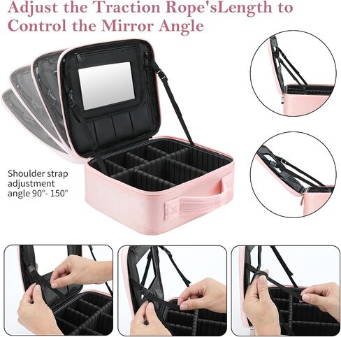 Pink Makeup Bag with Mirror, Makeup Bags for Women, Travel Makeup Train Case, Makeup Organizer Bag, Adjustable Dividers & Support Straps, Portable Storage Bag for Makeup Brushes Toiletry in Saudi Arabia