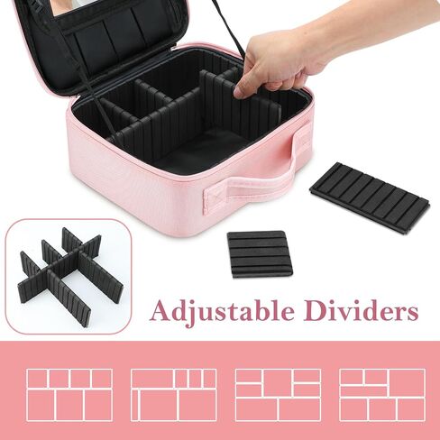 Pink Makeup Bag with Mirror, Makeup Bags for Women, Travel Makeup Train Case, Makeup Organizer Bag, Adjustable Dividers & Support Straps, Portable Storage Bag for Makeup Brushes Toiletry in Saudi Arabia